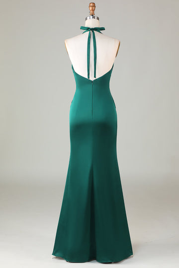 Dark Green Mermaid Halter Long Bridesmaid Dress